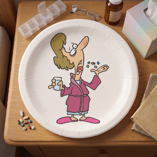 Vrouw die pillen neemt papieren bordje