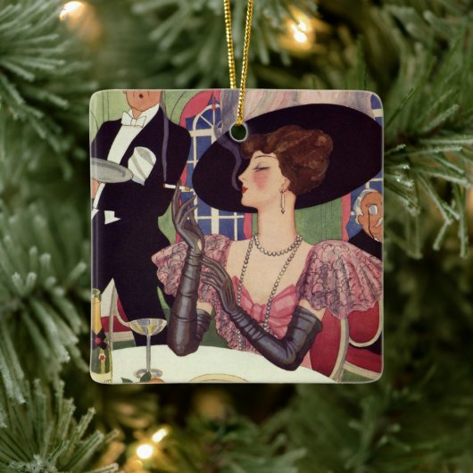 vrouw die sigaret rookt Drink champagne Keramisch Ornament (Boom)