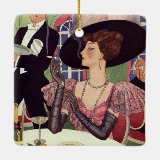 vrouw die sigaret rookt Drink champagne Keramisch Ornament (Achterkant)