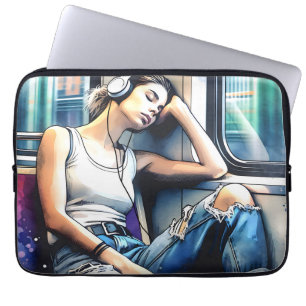 Vrouw die slaapt in de metro terwijl ze naar muzie laptop sleeve