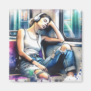 Vrouw die slaapt in de metro terwijl ze naar muzie magneet