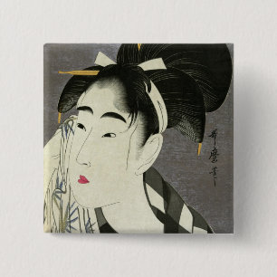 Vrouw die Sweat Utamaro Fine Japans kunstwerk wegv Vierkante Button 5,1 Cm
