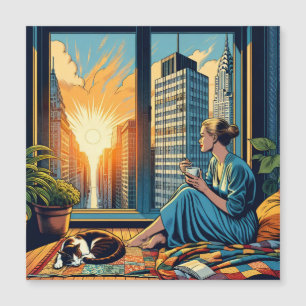 Vrouw die uit het raam kijkt en koffie drinkt