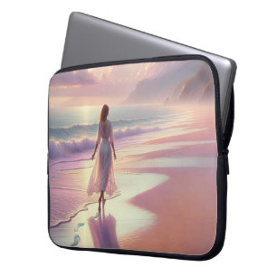 vrouw die voetafdrukken achterlaat op een strand laptop sleeve