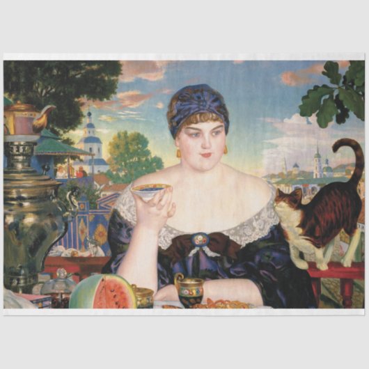 Vrouw die Watermeloen met Kat het Schilderen eet Tissuepapier (Voorkant)