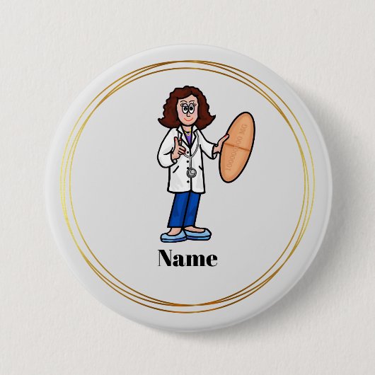 Vrouw Doctor met Big Pill Name Button (Voorkant)