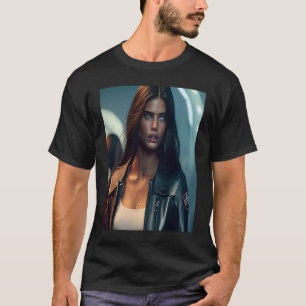 Vrouw draagt zwarte leren bikerjas look outfit t-shirt
