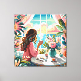 Vrouw drink koffie canvas afdruk
