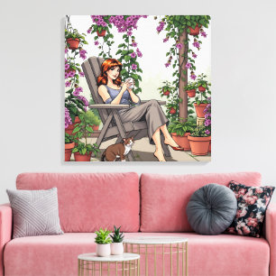  vrouw Drink koffie, haar hond en Planten Canvas Afdruk