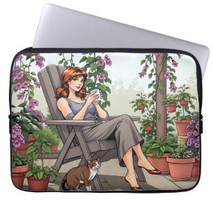 vrouw Drink koffie, haar hond en Planten Laptop Sleeve