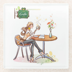 Vrouw Drink koffie in een koffiehuis Glazen Onderzetter