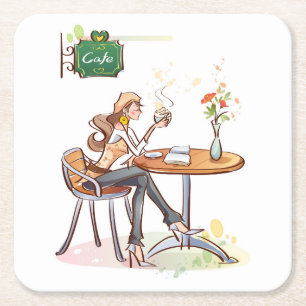 Vrouw Drink koffie in een koffiehuis Vierkante Kartonnen Onderzetter