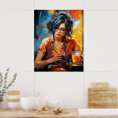 Vrouw drink koffie poster (Keuken)