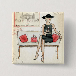 Vrouw Drink rode wijn Vierkante Button 5,1 Cm