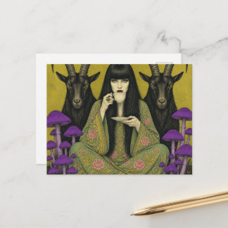 Vrouw Drinkt Thee Met Twee Zwarte Geiten Briefkaart