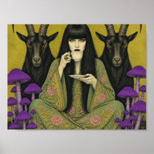 Vrouw drinkt thee met twee zwarte geiten poster