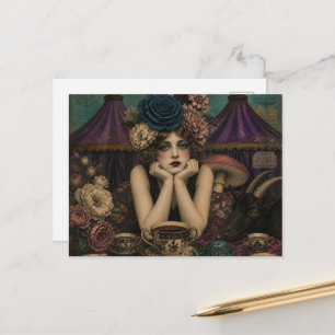 Vrouw drinkt thee op het circus met zwarte geit briefkaart