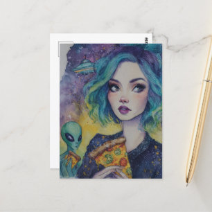 Vrouw eet pizza met een alien briefkaart