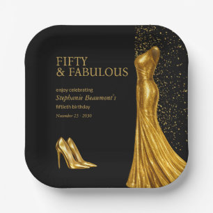 Vrouw Elegant Fantastisch Gouden Jurk 50e Verjaard Papieren Bordje