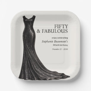 Vrouw Elegant Fantastisch Zwart Jurk 50e Verjaarda Papieren Bordje