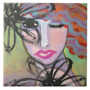 Vrouw en bloemen abstract schilderij tegeltje