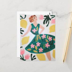Vrouw en citroenen en bloemen briefkaart