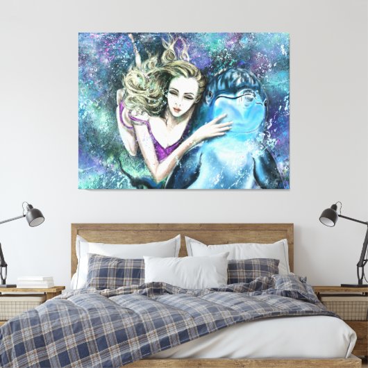 Vrouw en Dolfijn Vrienden Canvas Print - Schilderi (Insitu (Slaapkamer))