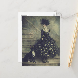 Vrouw en een knappe hond op de trap briefkaart