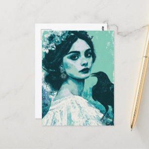 Vrouw en een raaf briefkaart