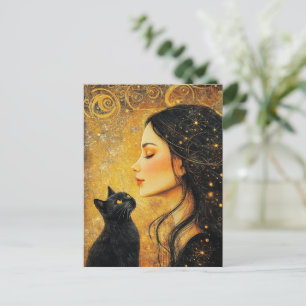 Vrouw en een zwarte kat briefkaart