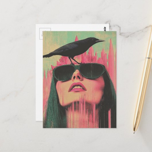 Vrouw en een zwarte vogel briefkaart (Voorkant / Achterkant in situ)
