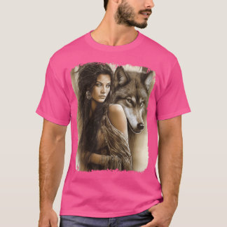 Vrouw en Grijze Wolf Fantasy Art Painting T-shirt