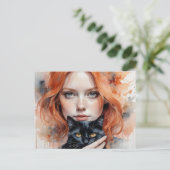 Vrouw en haar zwarte kat, Postcrossing Briefkaart (Staand voorkant)