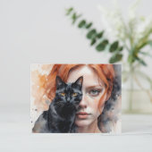 Vrouw en haar zwarte kat, Postcrossing Briefkaart (Staand voorkant)