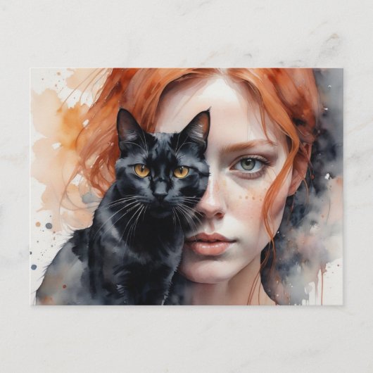 Vrouw en haar zwarte kat, Postcrossing Briefkaart (Voorkant)