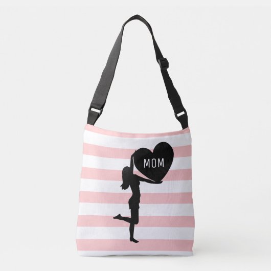 Vrouw en hartzwart silhouet op roze en wit crossbody tas (Voorkant)