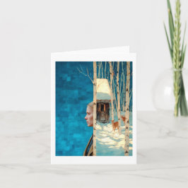 Vrouw en hert in besneeuwd berkenbos per hut feestdagen kaart