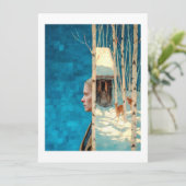 Vrouw en hert in besneeuwd berkenbos per hut feestdagenkaart (Staand voorkant)