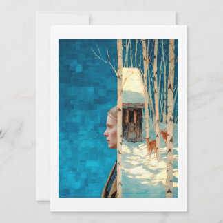 Vrouw en hert in besneeuwd berkenbos per hut feestdagenkaart