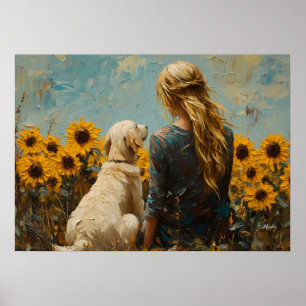 Vrouw en Hond met Zonnebloemen - Olie Schilderstij Poster