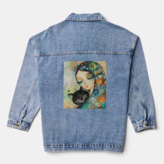 VROUW EN KAT KUNST DENIM JAS JACKET (Achterkant)