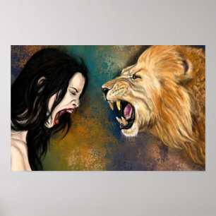 Vrouw en Leeuw Schreeuw Poster - Schilderij