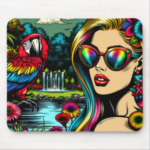 Vrouw en papegaai in de park Pop Art  Muismat