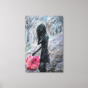 Vrouw en paraplu in regenstorm canvasprint canvas afdruk