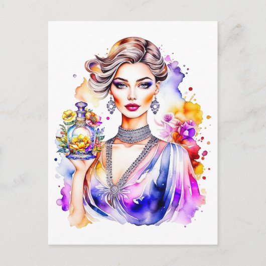 vrouw en parfumfles briefkaart (Voorkant)