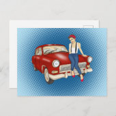  vrouw en rode auto briefkaart (Voorkant / Achterkant)