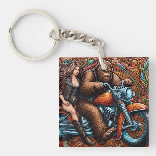 Vrouw en Sasquatch op Motorfiets Sleutelhanger (Voorkant)