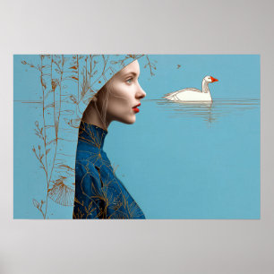 Vrouw en sneeuwgans, minimalistische lijnkunst poster