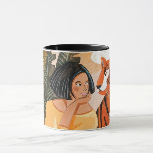 Vrouw en tijger oerwoud zonsondergang mok (Midden)