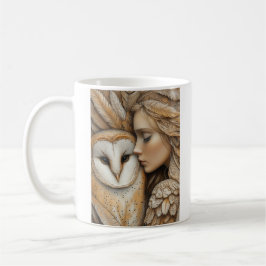 Vrouw en uil in veren koffiemok